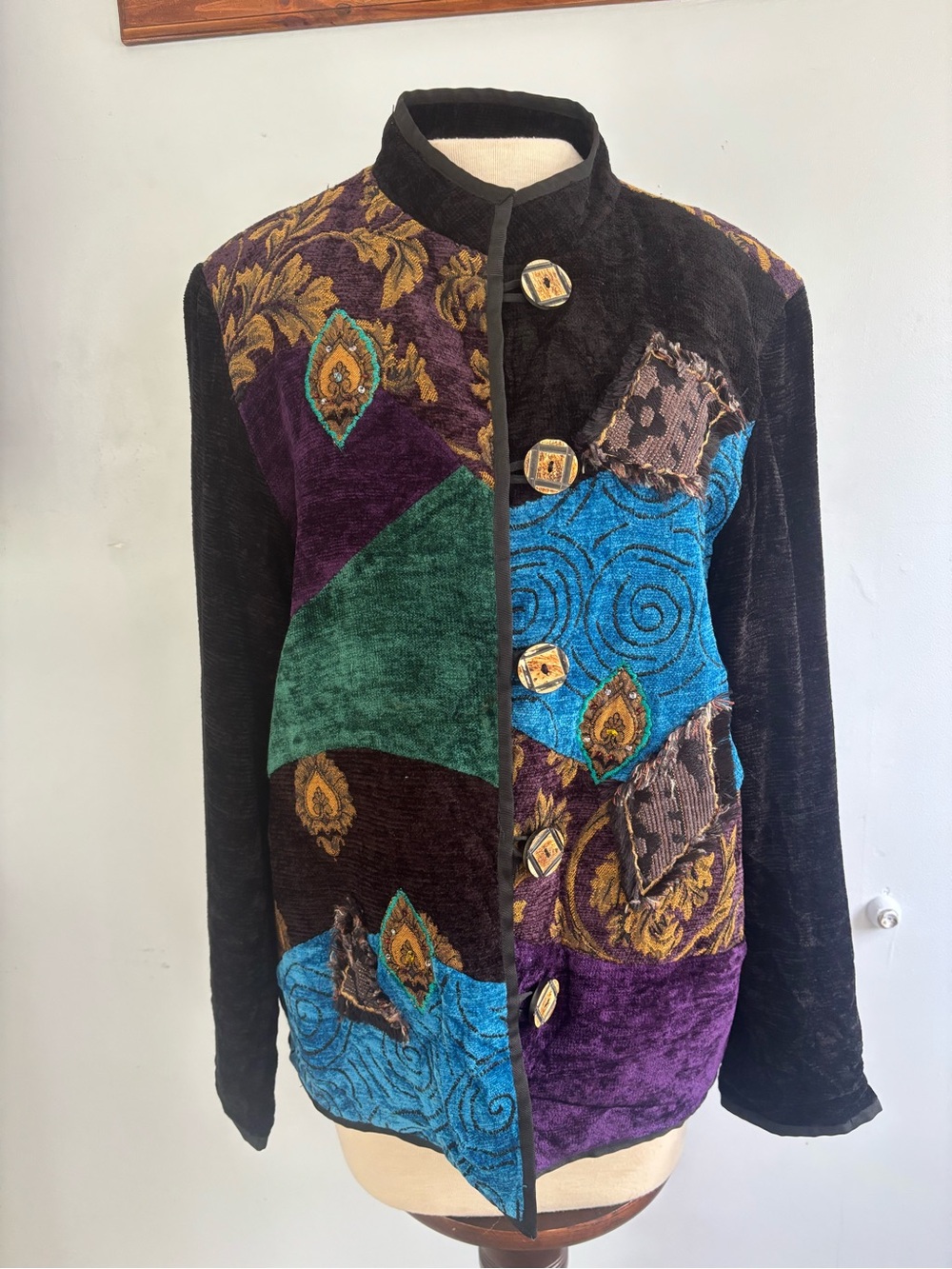Vintage Patchwork Velvet Stand-Collar Blazer in Black, Purple & Teal